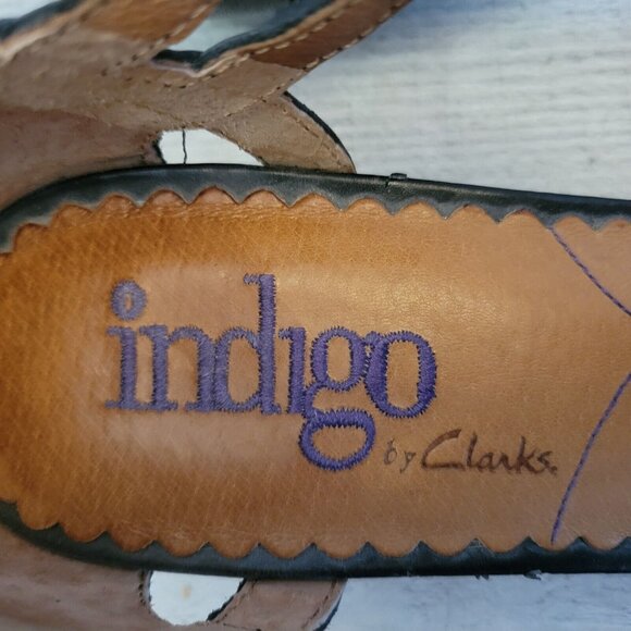 Indigo By Clarks Black Strappy Studded Leather Sandals Ankle Strap Low Wedge Wom - Picture 7 of 9